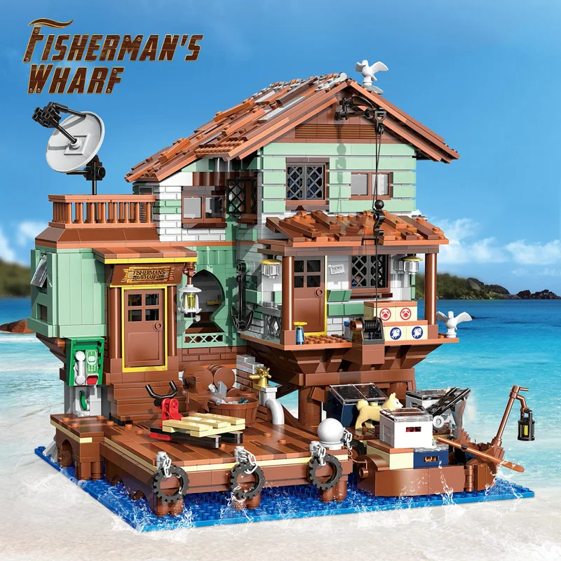 Creative Fisherman\'s Cabin Wharf Model Building Blocks Street View Old Fishing Shop Village Hut With Figures Mini Bricks Kid Toy