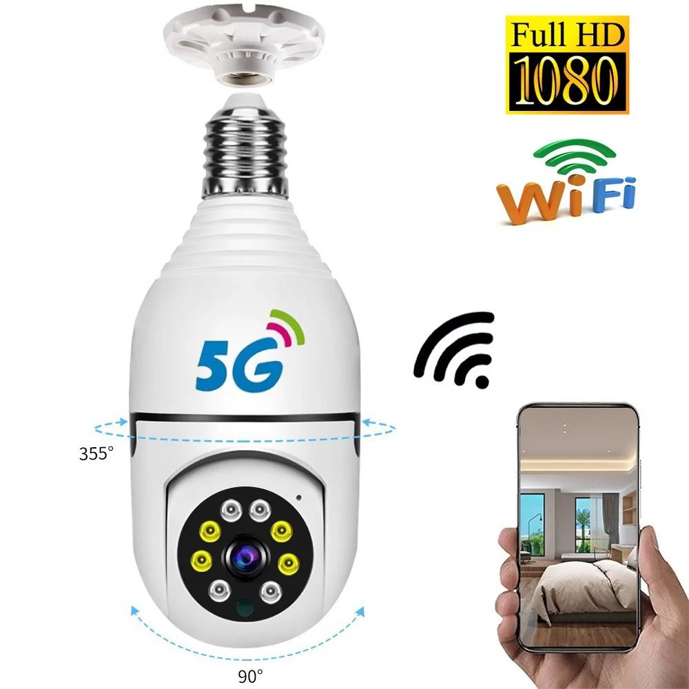 Câmera bulbo 5G WiFi atualizada, rotação de 360 °, rastreamento automático, visão noturna, câmera IP sem fio, remota, 720 p, 1080p