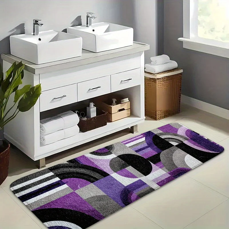 Modern Purple Grey Geometric Circle Striped Long Bath Runner Mat Anti Slip Absorbent Floor Rug for Bathroom Sink Kitchen Laundry