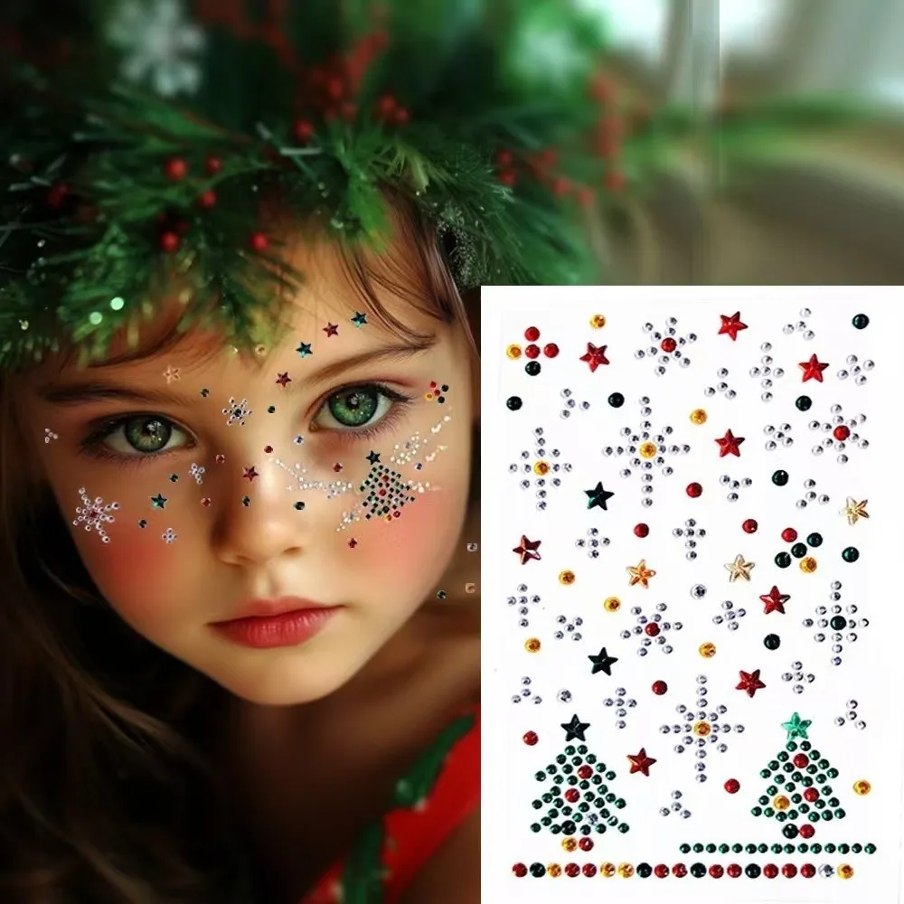4Pcs Self-Adhesive Christmas Face Gem Sticker Set Xmas Tree Snowflake Rhinestone Eye Body Decals Sock Patterns Multi-Size