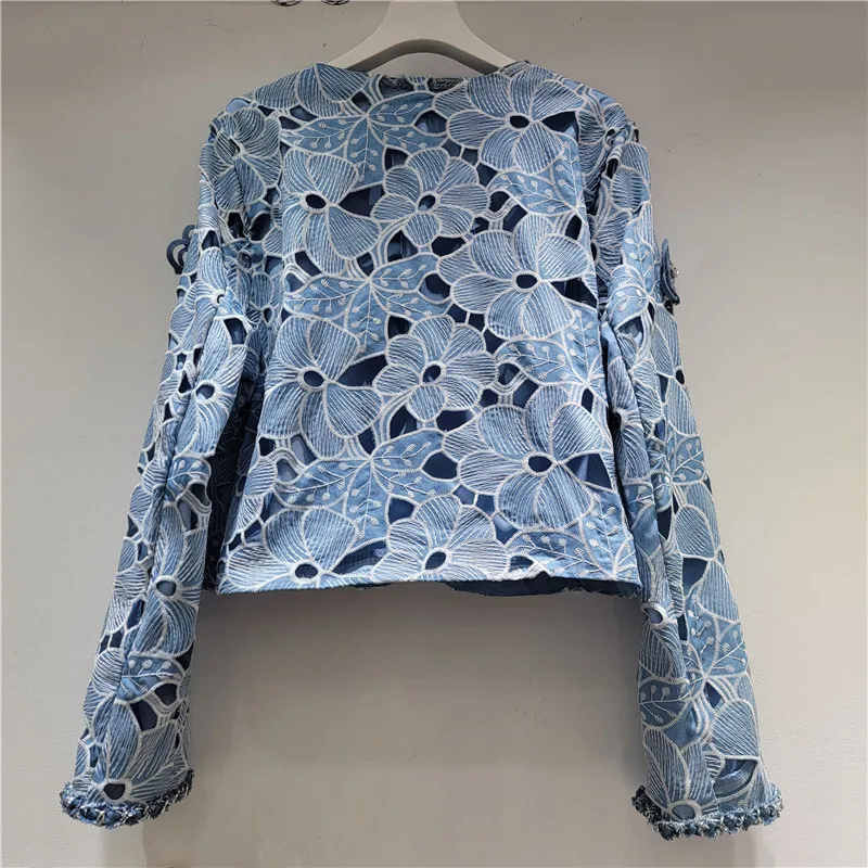 HKSH Spring Autumn New Women Denim Jacket Embroidery Hollow Out Three-dimensional Flower Elegant Chic Y2K Ins Short Coat HK16565