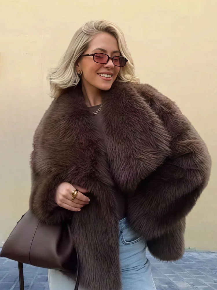 Retro Long Sleeved Fur Jacket for Women Solid Color Lapel Faux Fur Cardigan Tops Fashion Ccasual Thickened Warm Overcoat