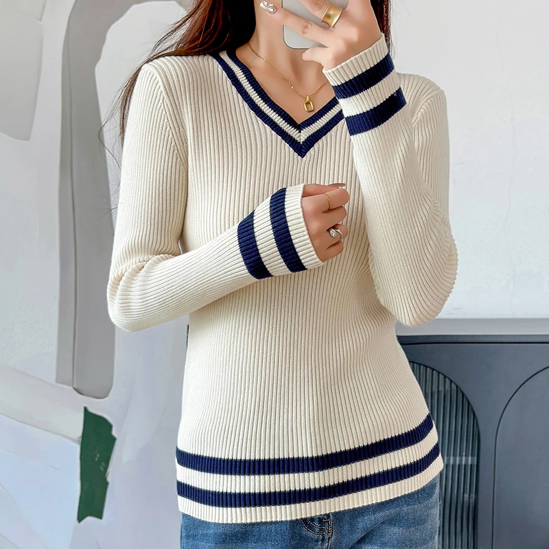 THYFGT 100% Cotton Women V-neck Contrasting Striped Pullover Sweater Luxury Designer Clothing Plus Size Clearance Sale