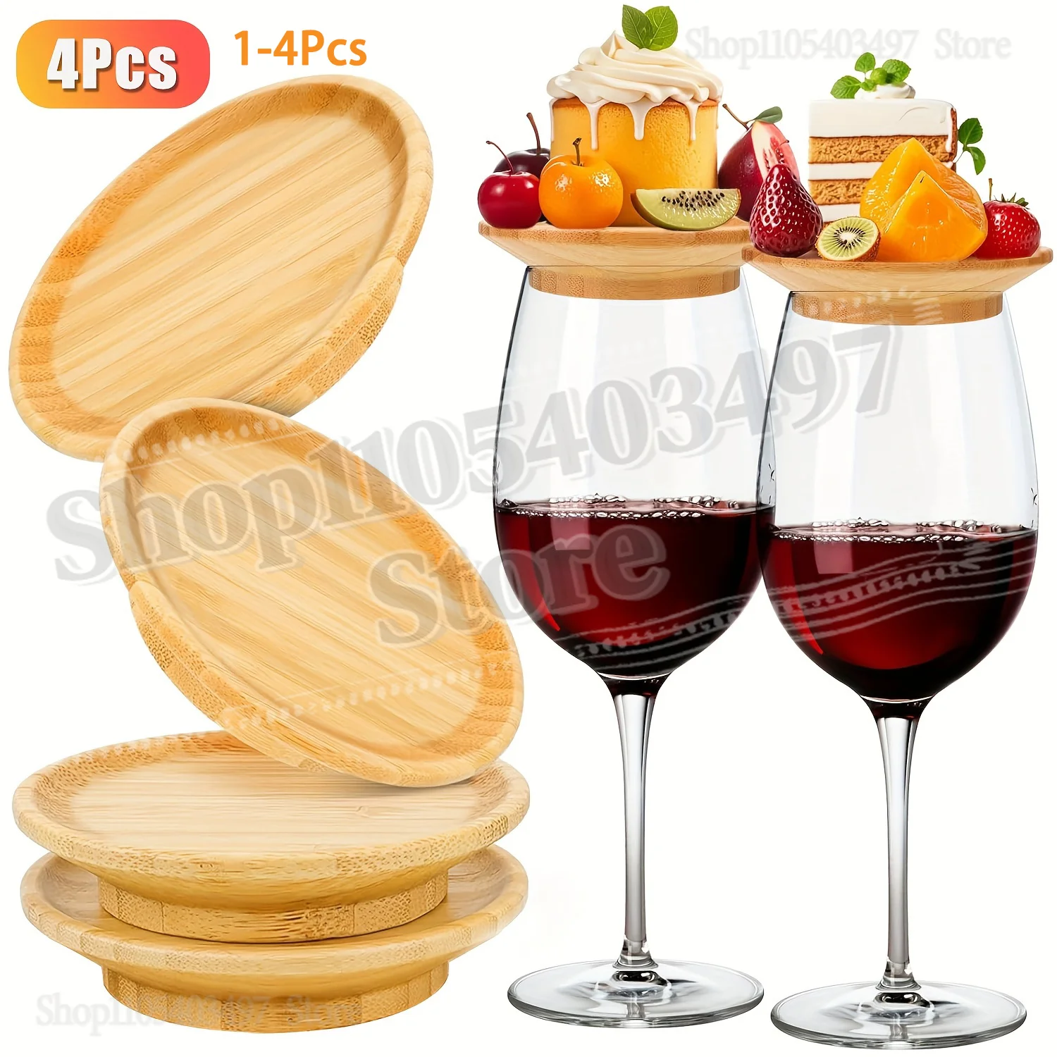 1-4Pcs Wine Glass Charcuterie Topper, Bamboo Wine Glass Covers for Appetizers Wine Glass Topper Coasters Plate for Bars Party