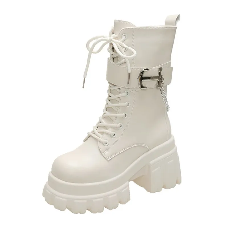 2025 New Autumn Winter 9CM Chunky Platform Ankle Boots Women Motorcycle Boots Woman Thick Bottom Non Slip Leather Combat Botas