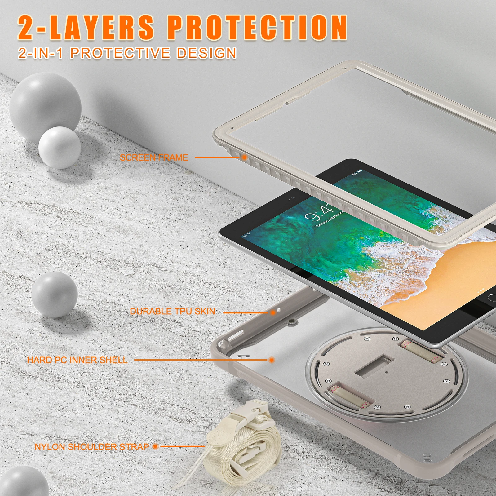 Rotatable Hybrid Stand Case For iPad Air 2 Pro 9.7 2017 2018 5th 6th Generation Heavy Duty Shockproof Cover With Shoulder Strap