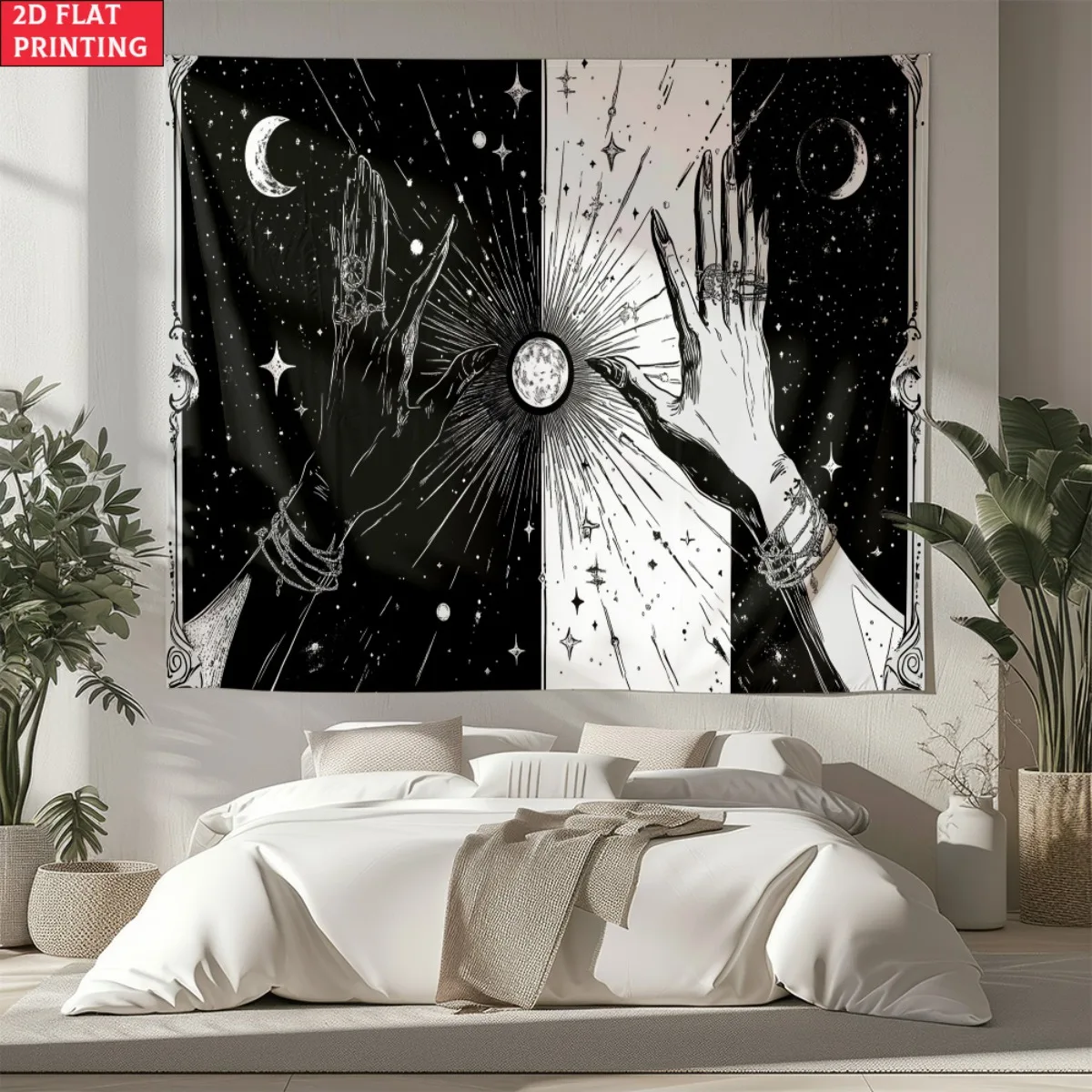 Cosmic Hands Holding Moon Tapestry Astrology Magic Art Black White Wall Hanging Occult Decor Spiritual Home Art