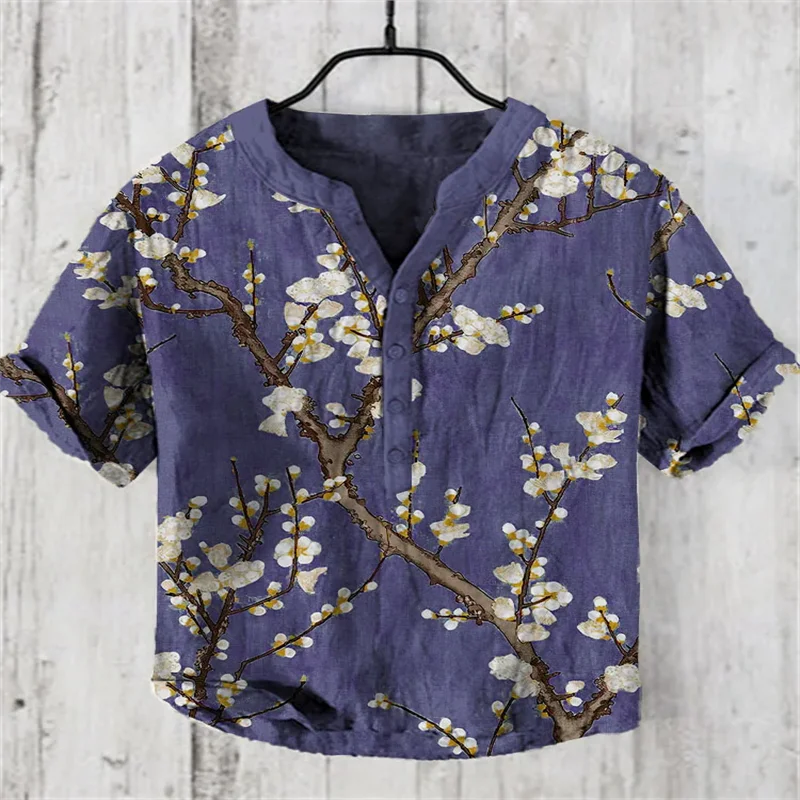 2024 New Plum Blossom 3D Printed Short Sleeve Shirt Bamboo Linen Fashion Casual Loose Pullover Shirt Button Trend