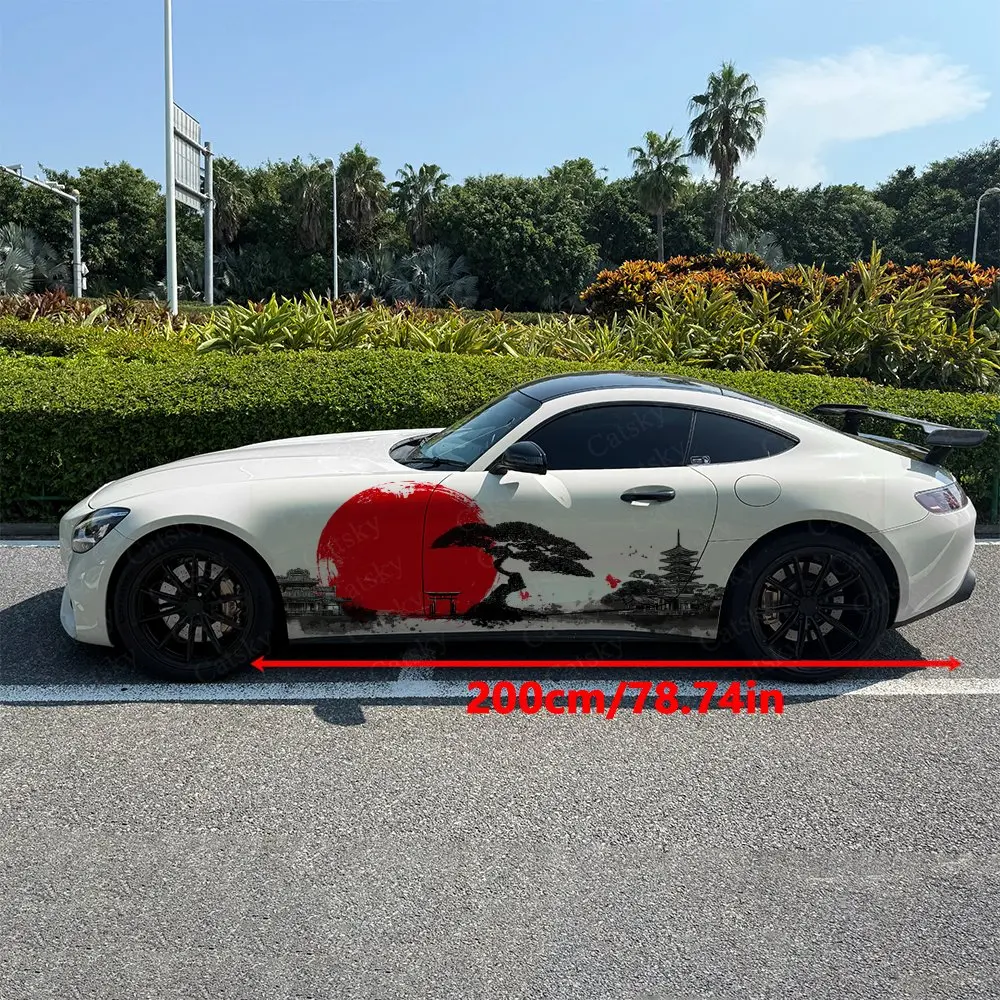 2Pcs Red Sun Pine Tower Silhouette Car Side Wraps, Self-Adhesive PVC Waterproof & Scratch-Resistant Stickers, Car Accessory Gift