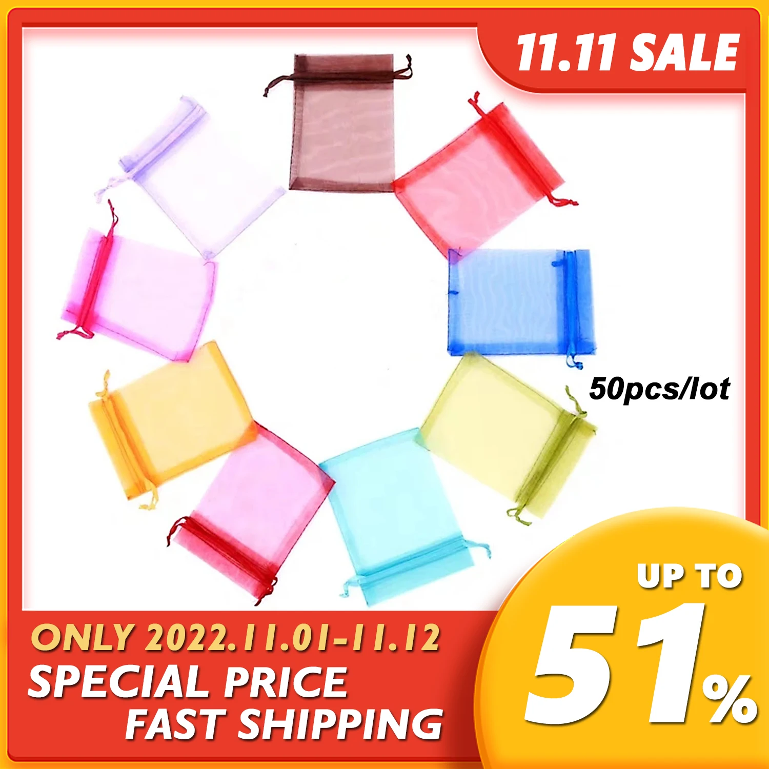 50pcs/lot (4 Size) Organza Gift Bag Jewelry Packaging Bag Wedding Party Goodie Packing Favors Cake Pouches Drawable Bags Present