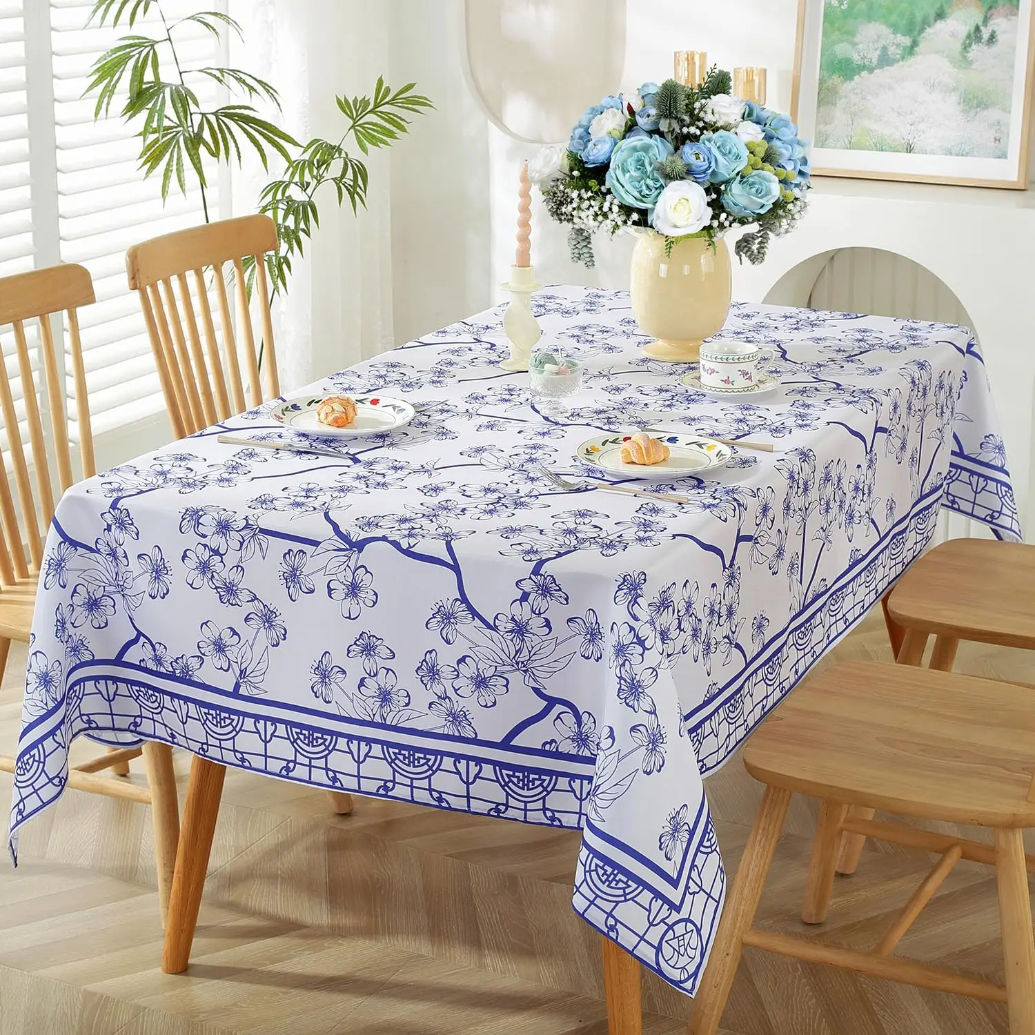 Summer Rectangle Tablecloths Spring Blue White WaterProof Table Cover Holiday Wedding Party Home Kitchen Dining Room Table Decor