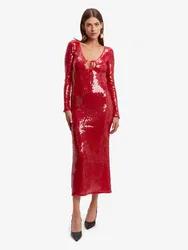 Sexy Hollow Out Backless Lace-up Long Sleeves Sequin Dress Women Red Sequins Slim Midi Dresses Evening Party Cocktail Gowns