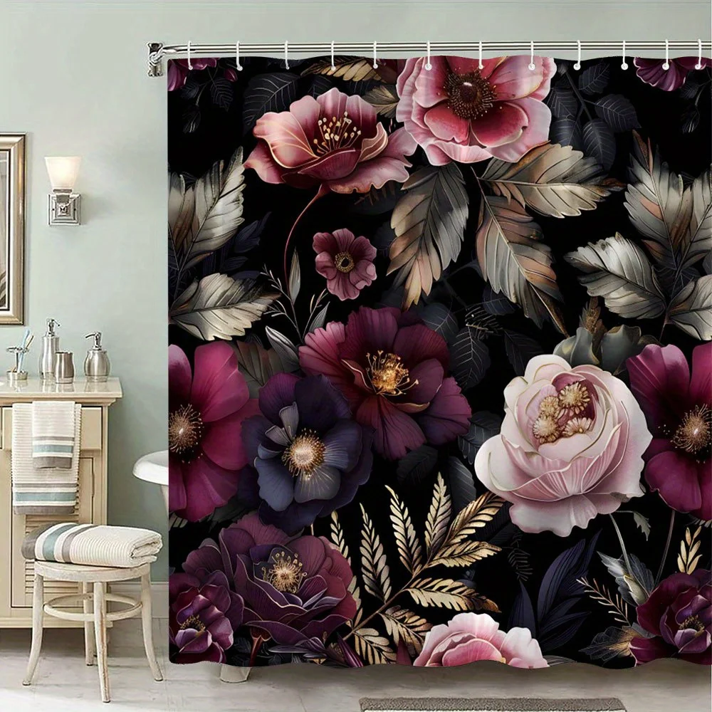 1 cortina de ducha de peonías aterciopeladas y follaje oscuro: magenta, rosa, morado, flores blancas sobre negro, poliéster, decoración de baño elegante