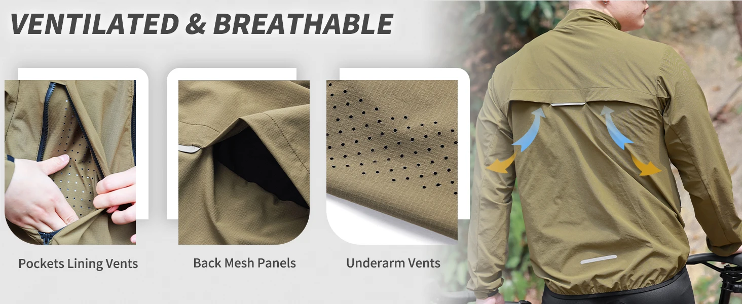 WOSAWE Herren Fahrradjacke Leichte Fahrrad-Windjacke mit Taschen Schnelltrocknende Reflektierende Streifen MTB-Bekleidung – Detail 4