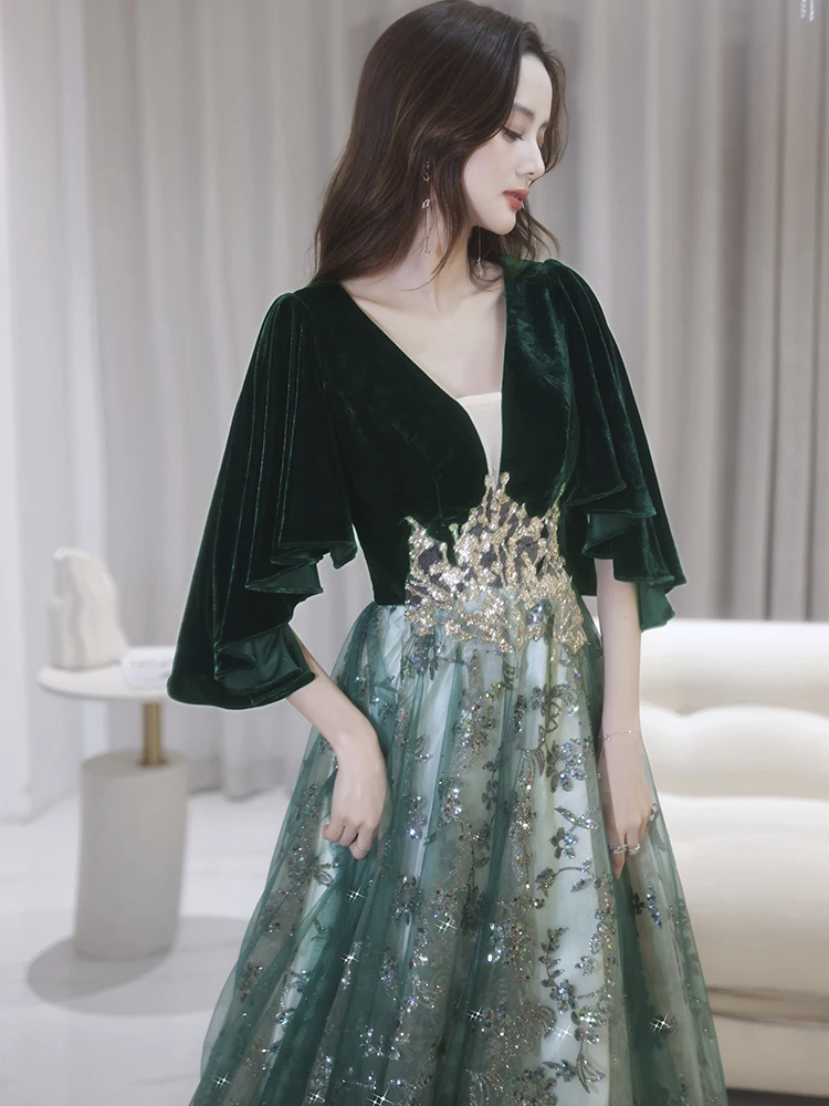 Luxury Green Velvet Evening Dresses Long Elegant V-Neck Floor-Length Sequin Tulle Women Formal Gowns For Special Occasion