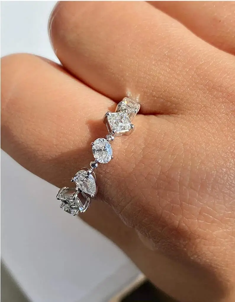 Korea New Love Row Diamond Ring Women 925 Stamp High Carbon Diamond Heart Full Circle Row Ring Girlfriend Valentine's Day Gift