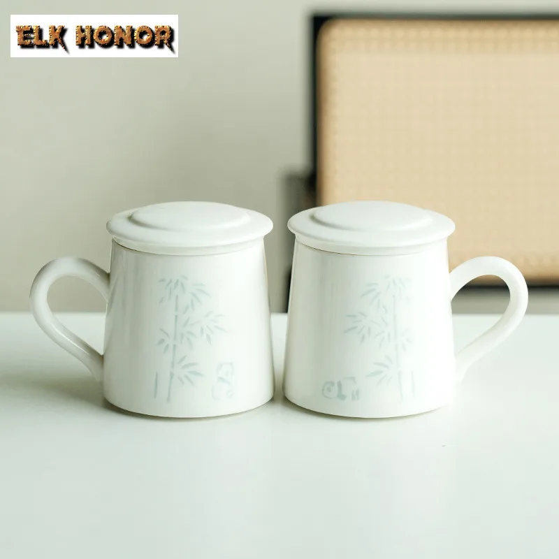 

350ml Mutton Fat Jade Panda Bamboo Coffee Mug Couple Handgrip Cups Afternoon Tea Mug Office Water Cup Drinkware Decoration Craft