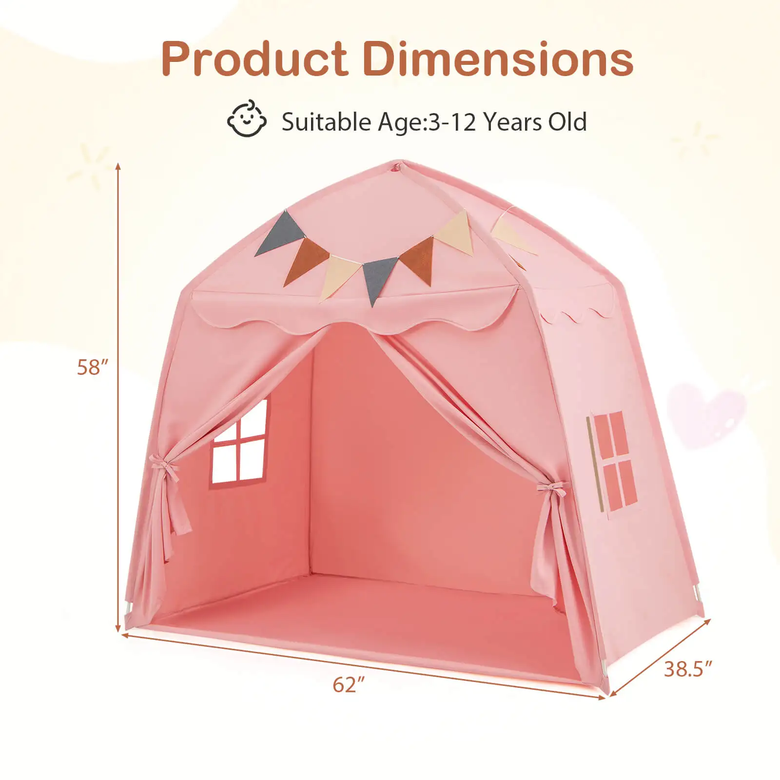 Kids Play Tent w/Flags and Globe String Lights for 3-12 Years Old Indoor Outdoor