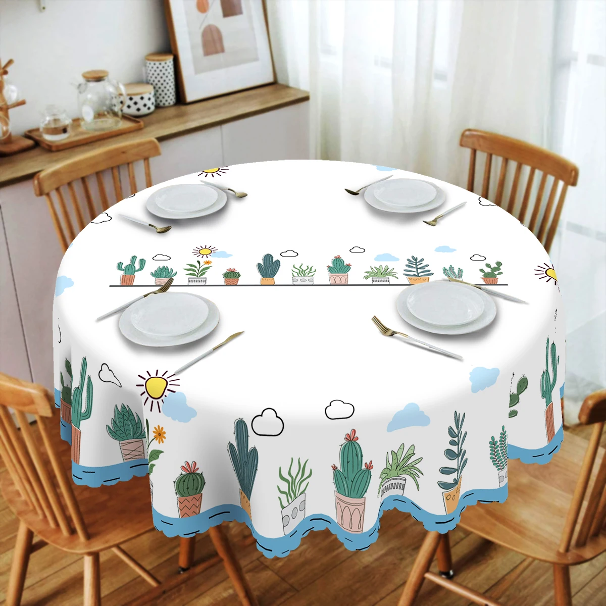 Cute Cartoon Cactus-Themed Polyester Tablecloth, Cartoon-Style Cactus and Succulent Plant Print, Simple Sun and Cloud Pattern, Embossed Edges, Waterproof, Wrinkle-Resistant, Fade-Resistant, Suitable for Rectangular and Round Dining Tables, Home Kitchen Living Room Dining Table Balcony Coffee Table, Holiday Party Decorations, Desktop Decoration, Outdoor Picnic Decoration, Coffee Table Decoration Table Cover, Perfect Gift, Spring, Summer, Autumn, Winter Decoration Comes with Four Anti-Slip Stickers. P-69