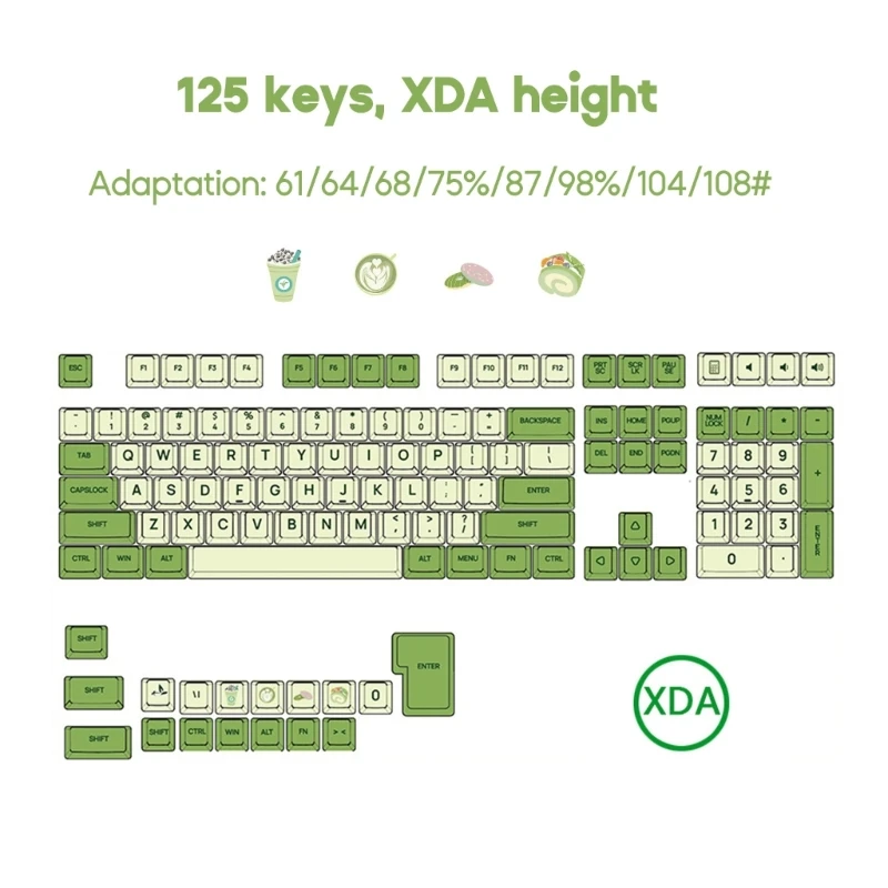 DN59 Matcha зеленые колпачки для клавиш с сублимационной краской, профиль XDA, толстый PBT для MX-переключателей, 125 клавиш,