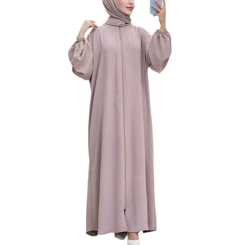 Solide marocain printemps Robe musulmane malais Simple fermeture éclair manches longues femmes Abayas Hijab ample col rond Robe Femme ample turquie caftan
