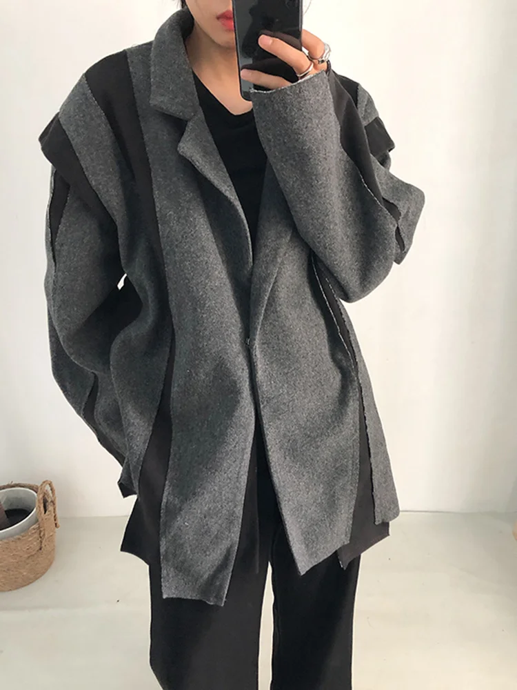 [EAM] Loose Fit Gray Color-block Big Size Woolen Coat Parkas New Long Sleeve Women Fashion Tide Autumn Winter 2024 1DF0391