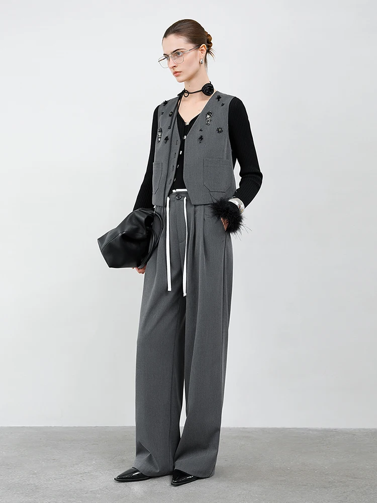 FSLE【Premium Series】Women Sping Vest Trouser Sets Grey Temperament Short Sleeveless Coat High Waist Pants 25FS11104+25FS11111