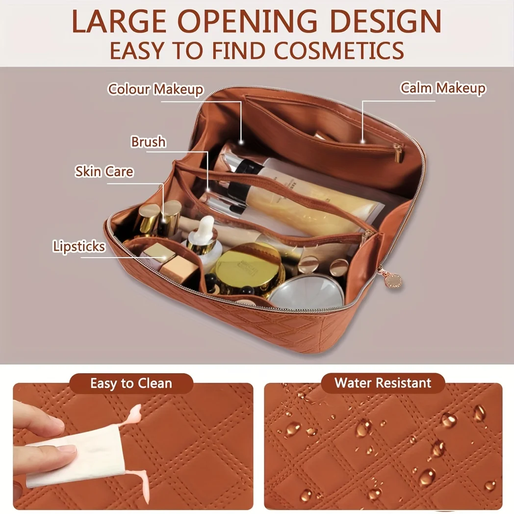 Travel Makeup Bag Large Opening Makeup Bag Portable Water Resistant Make Up Bags PU Leather Cosmetic Bag with Compartment