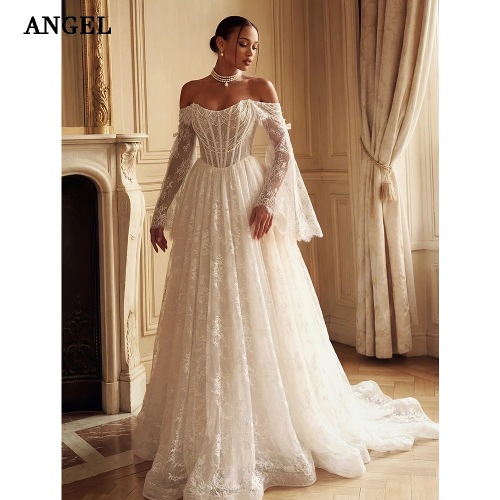 ANGEL Lace Luxury Wedding Dresses 2026 Long Sleeves Ivory Bride Dress With Train Pearls Bridal Gowns Vestidos De Novia Custom