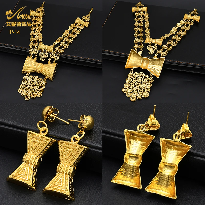 ANIID Indian 24K Gold Plated 2PCS Sets Necklace Earrings For Women Moroccan Nigerian Fashion Bridal Wedding Jewelry Set Gifts