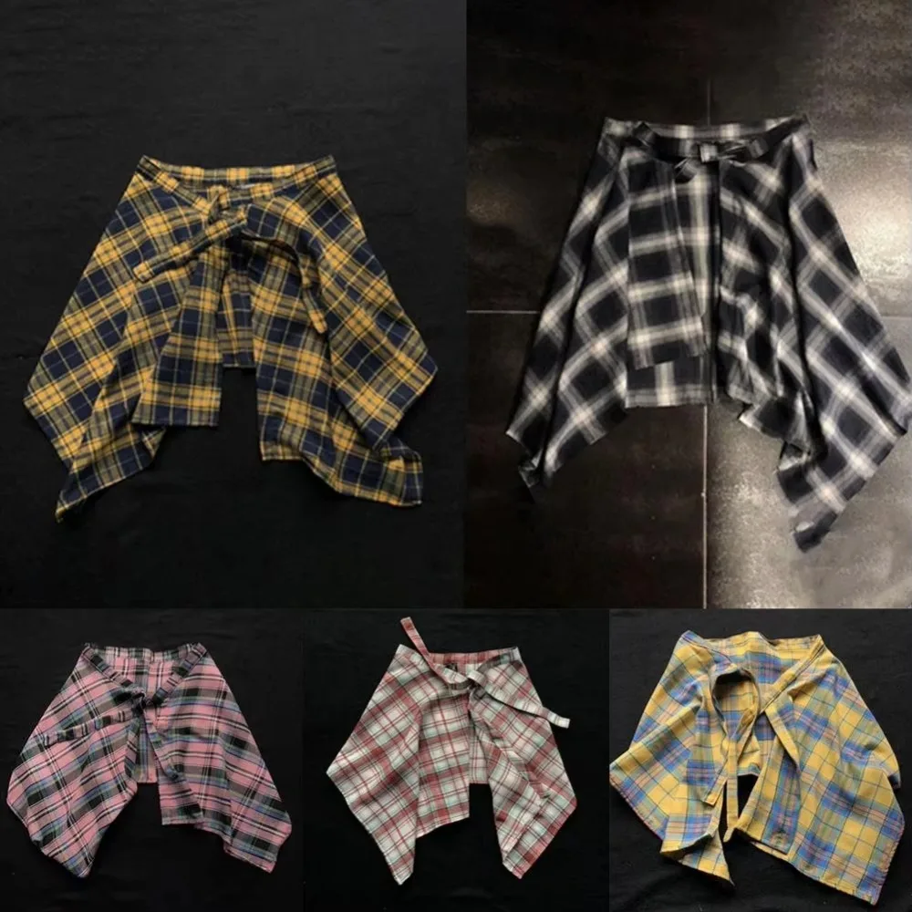 Retro Elastic Women Plaid Skirt Bow-knot Blue White Lattice Waist Shirt Irregular Mini a-line Shortskirt Girls Streetwear