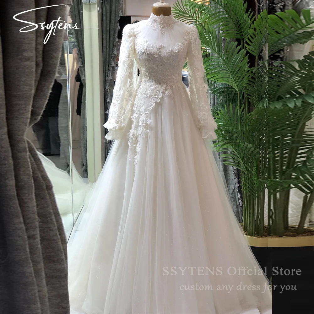 SSYTENS Luxury Muslim Wedding Dresses Flowers Applique Lace Bridal Gowns Floor Bride Dress for Women Customized robe de mariée