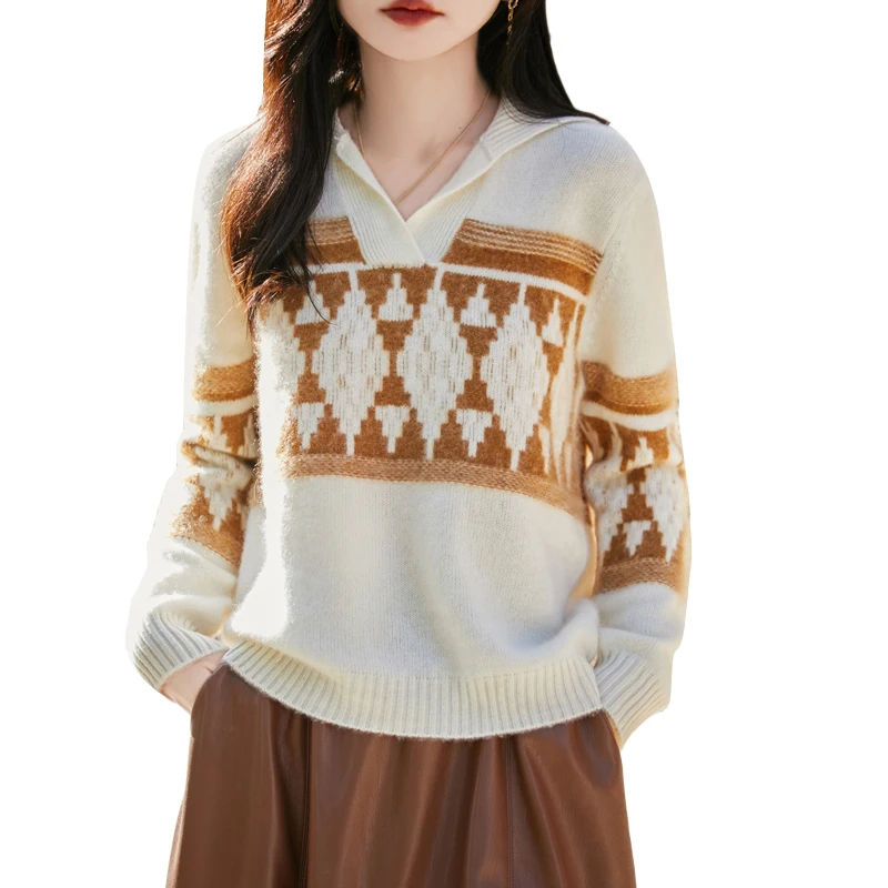 

Women 100% Merino Wool Sweater Pullover Turn-Down Collar Long Sleeve Knitwear Basic Elegant Warm Clothing Tops