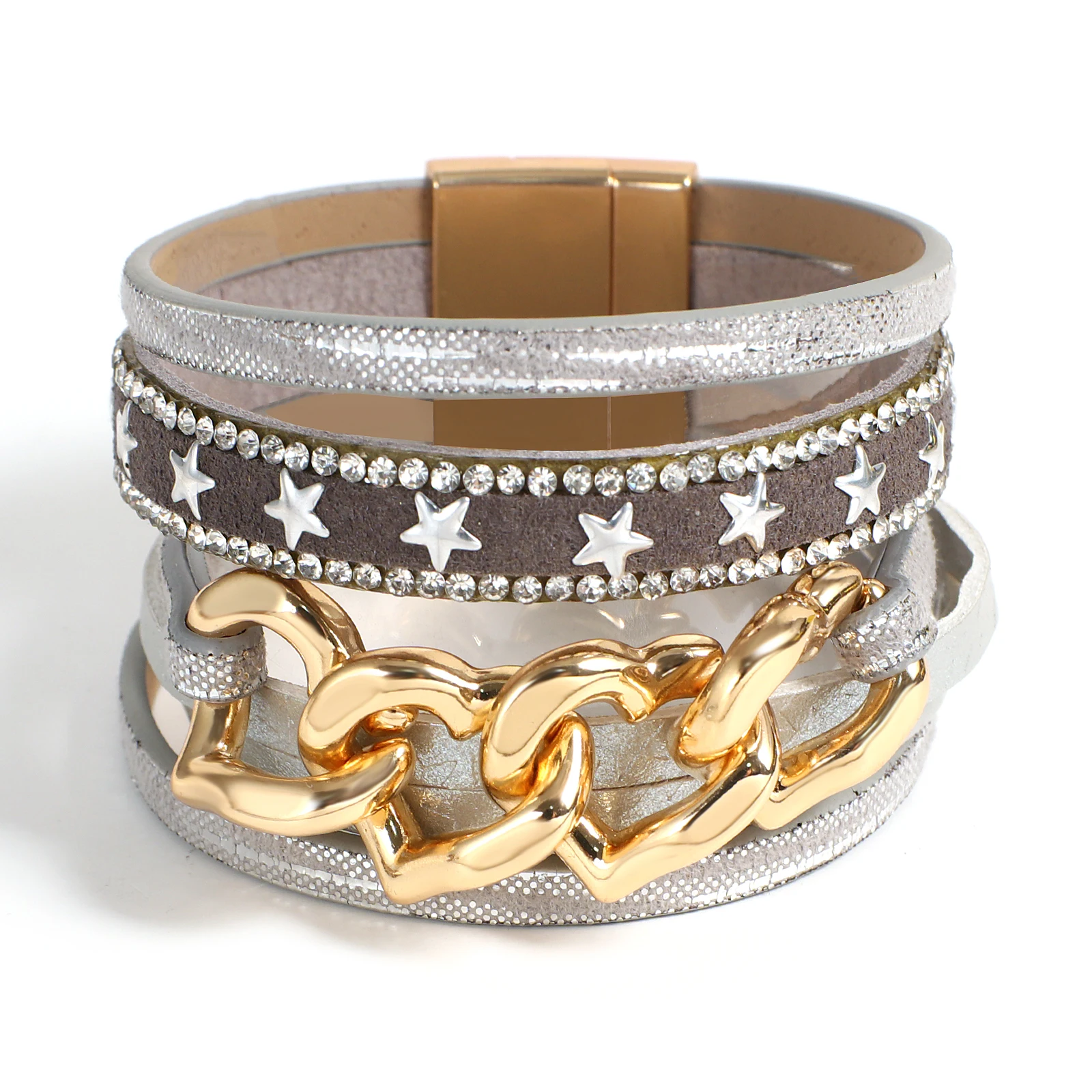 

Amorcome Punk Star Studded Leather Wrap Bracelets for Women Boho Heart Shape Cuban Chain Charm Wide Bracelet Female Jewelry Gift