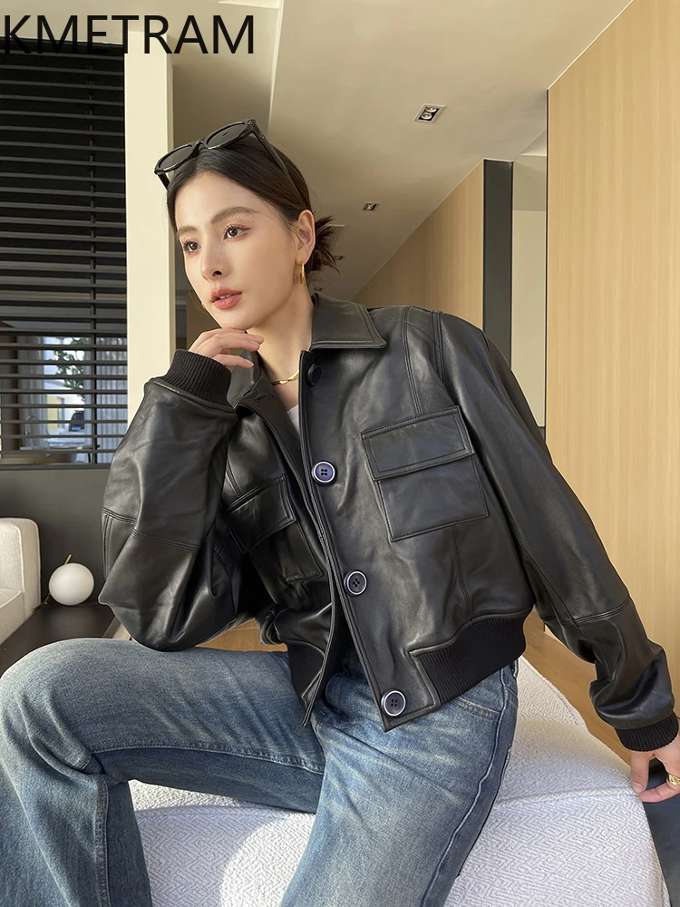 KMETRAM Schwarze Lederjacke aus natürlichem Schaffell mit kleinem Reverskragen und kurzer Herbstneuheit 2025, Damenbekleidung Afrikaans Afrikaans