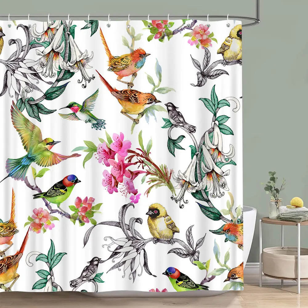 Vintage Floral Colourful Bird Shower Curtain Watercolour Painting Art Creative Home Polyester Shower Curtains Bathroom Decor