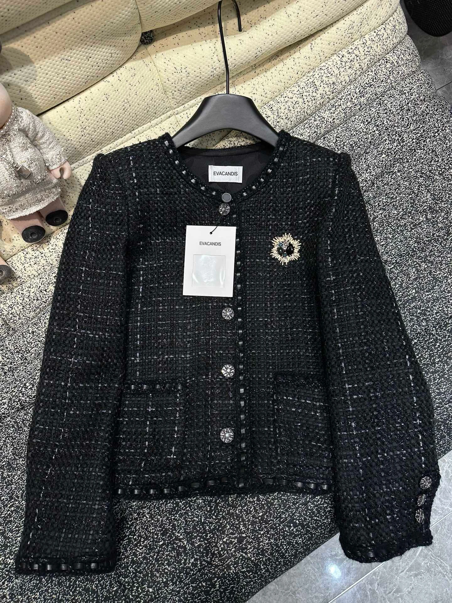 

EVACANDIS Autumn Women Solid Tweed O-Neck Coat Black Single Breasted Elegant Vintage Office Lady Jacket Outwear Luxury Tops