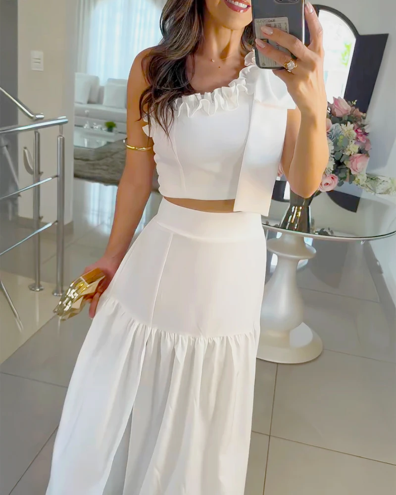 

2025 Summer One-Shoulder Shirred Crop Top with Ruffle Slit Skirt Set
