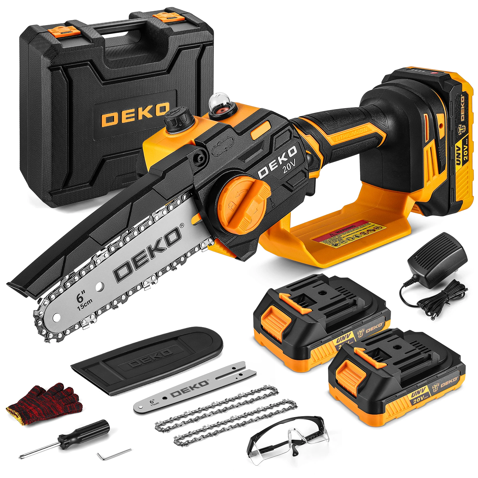 DEKO 550w Mini Chainsaw Cordless Oil Machine 6-inch Handheld Portable Battery Powered aGarden Tools for Wood/Tree Cutting