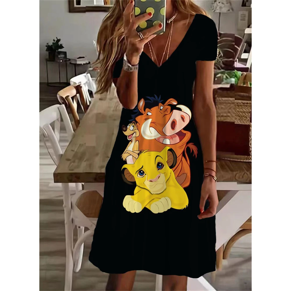 

Disney Lion King print Dresses Summer Women Short Sleeve Loose Dress Casual Sweet Fashion V-Neck Ladies New Dress 2024 Retro ﻿