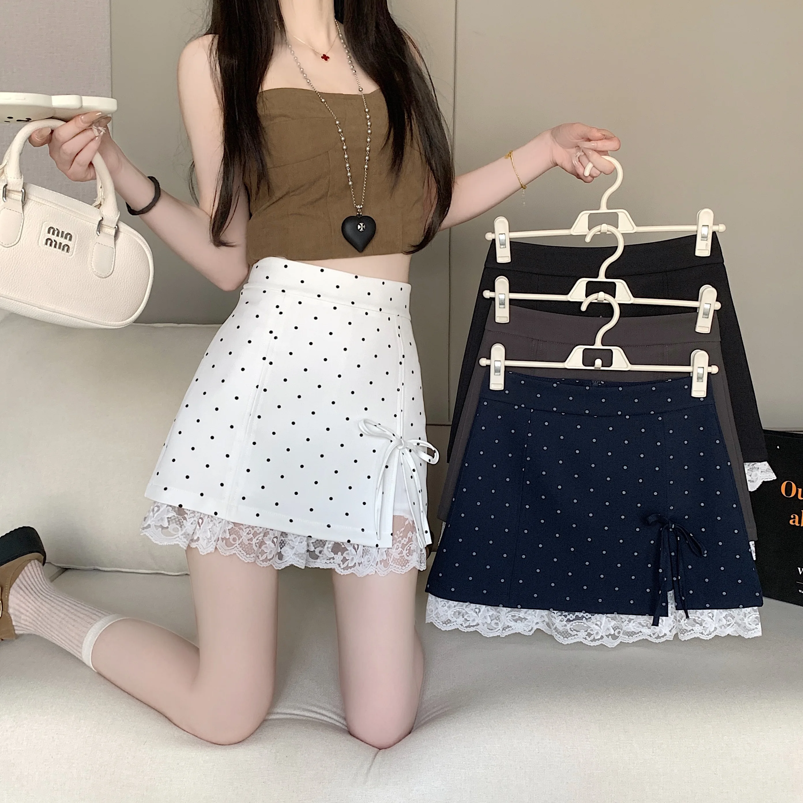 

Lace Trim Mini Skirts with Shorts Korean Fashion Loose Casual Bowtie Slit Dot Short Skirts Women 2026 New Summer Skirt Ladies