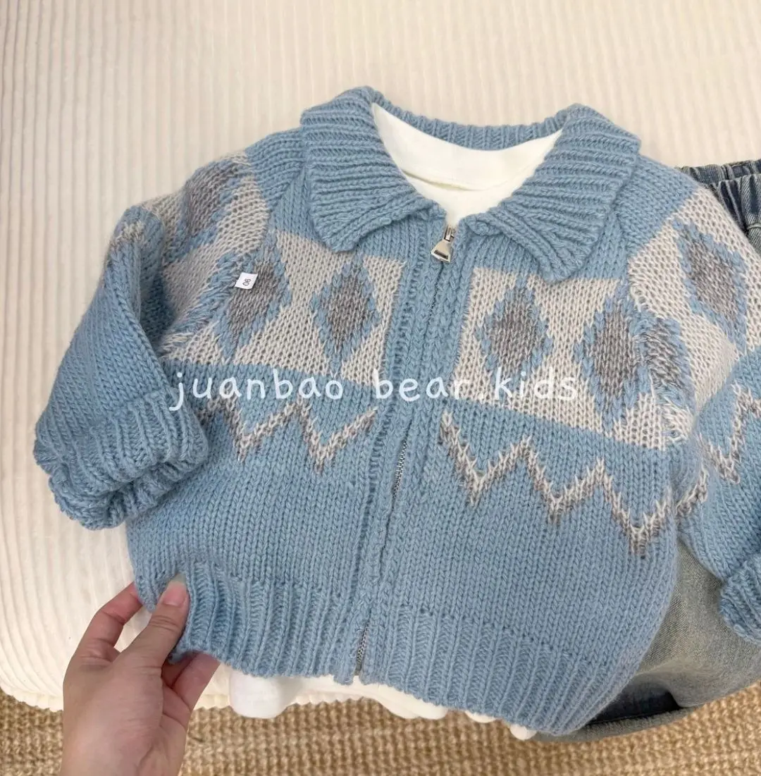 Boys Girls Vintage Argyle Sweater Cardigan Spring Autumn New Kids Lapel Zipper Knitted Jacket Children Clothing view 4