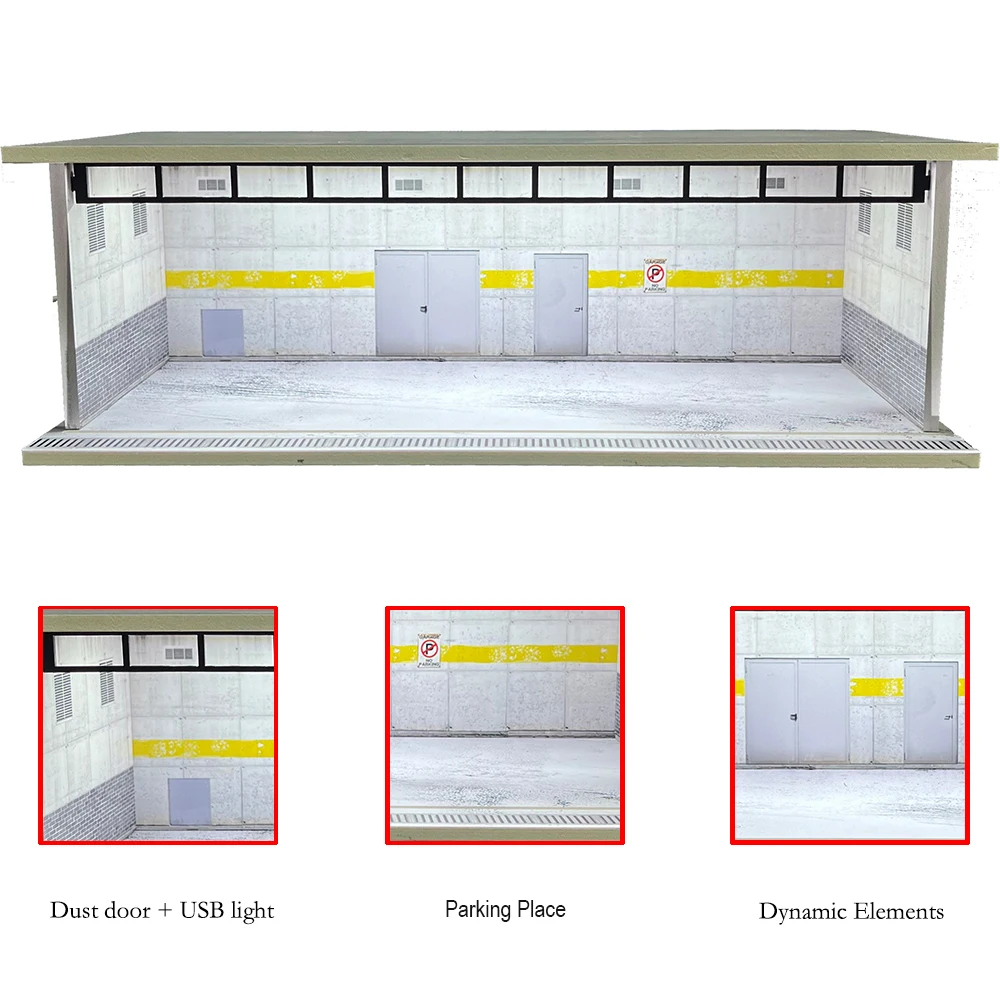 Auto-Garage-Diorama im Maßstab 1:64, mit USB-LED-Licht, realistische Parkplatz-Vitrine für Modellautos und Miniaturfahrzeuge – Detail 23
