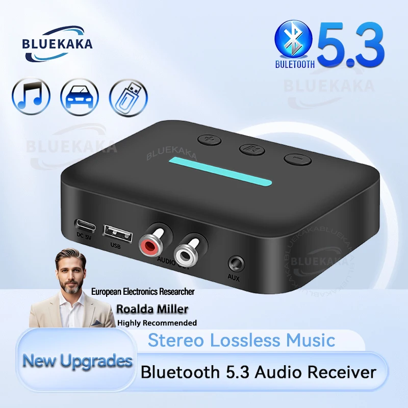 USB Bluetooth 5.3 Audio Receiver Adapter Wireless Stereo Music 3.5mm AUX R/L RCA Support U-Disk Playback Desktop Speaker Amp