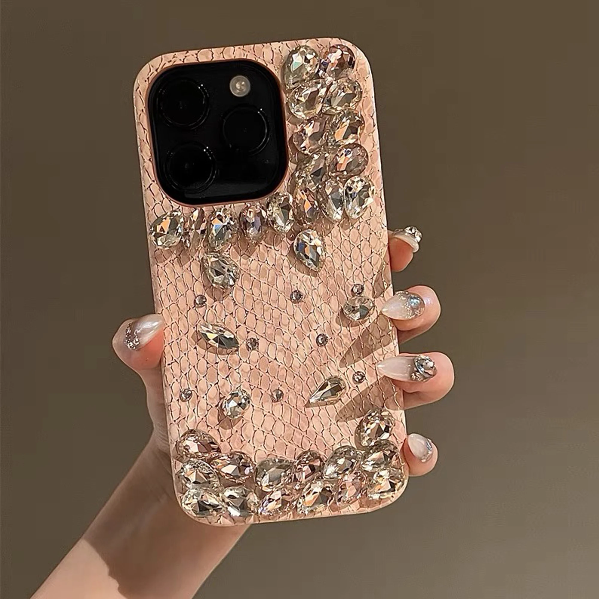 Snake-Print Skin Rhinestone Phone Case For iPhone 15 14 13 12 11 Pro Max Fall-Proof Luxury Girl Phone Case