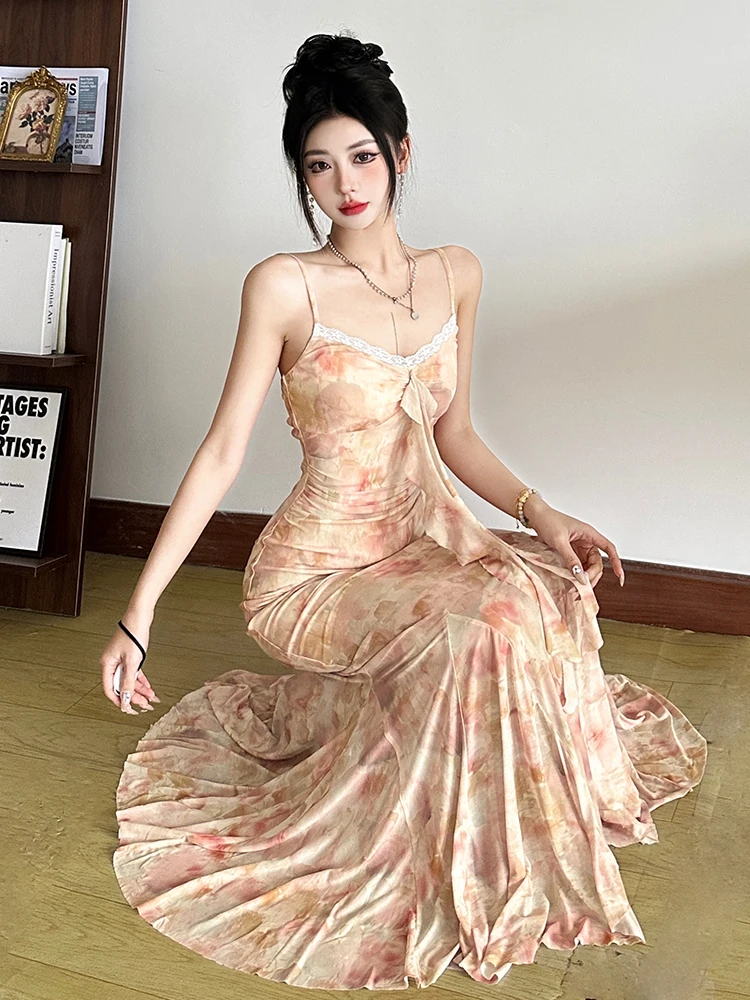 WEIRD PUSS Lace Splicing adient Blouse Women's Slimming Long Dr Ele Lady Summer Faion Polyester Spandex Gown