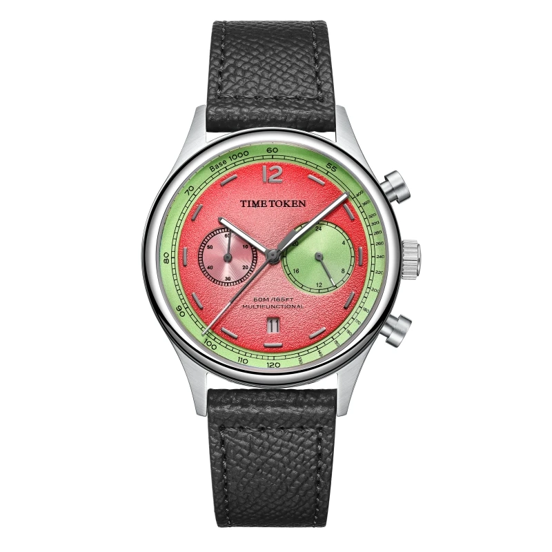 TIMETOKEN New T501GS Mens Watch Japan Miyota OS21 Movement Watermelon Dial Waterproof Chronograph Domed Sapphire Calendar style
