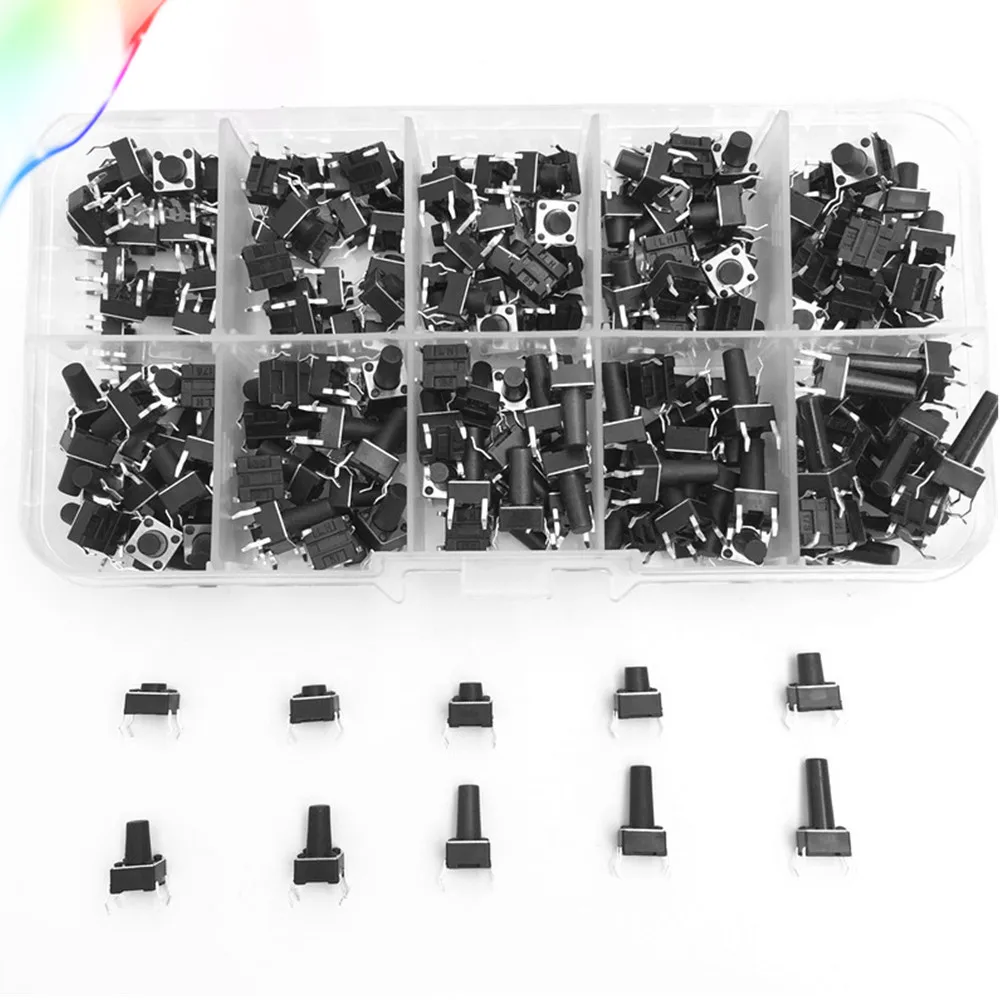 EziUsin 10 models 100pcs 6*6 Tact Switch Tactile Push Button Switch Kit, Height: 4.3MM~13MM DIP 4P micro switch 6x6 Key switch