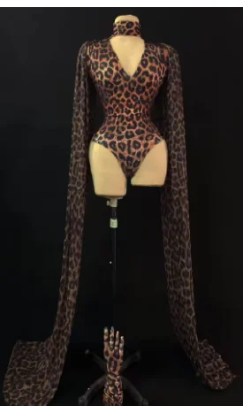 Mode Leopard Body Handschuhe Schal Gedruckt Geburtstag CLUB Feiern Sänger Tänzer Trikot Leistung Bühne Drag Queen Outfits