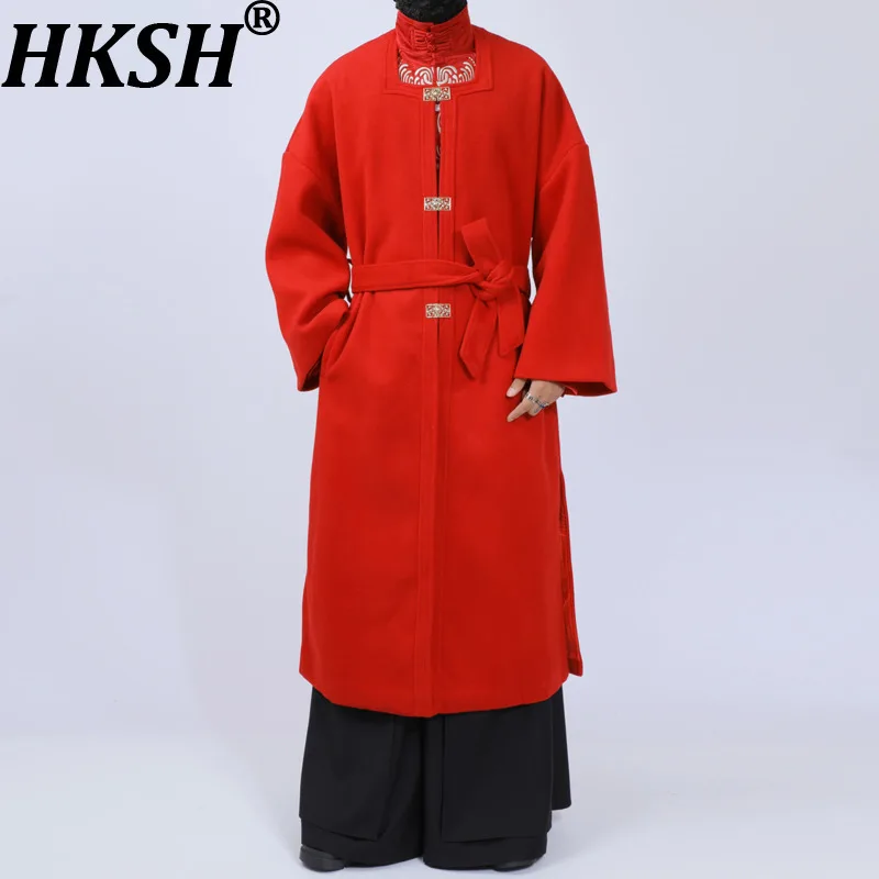 HKSH Autumn Winter Men Tide Chic Square Collar Lace-up Split Woolen Overcoat Trend Ins Buttons Design Trench Windbreaker HK15857